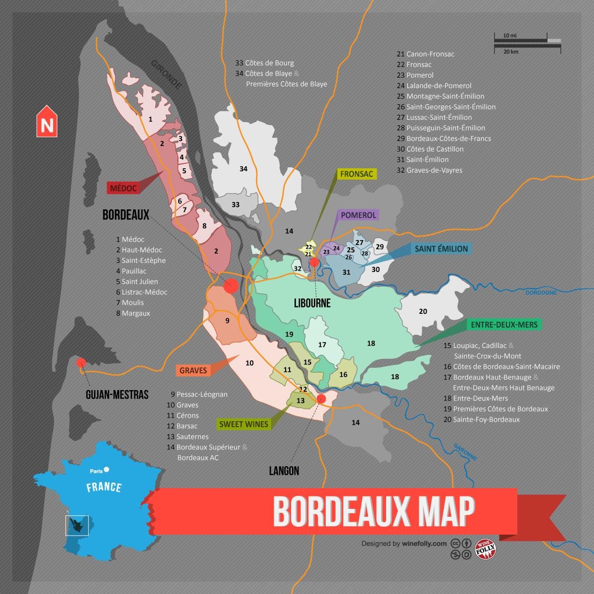 Vinho de Bordeaux mapa do país
