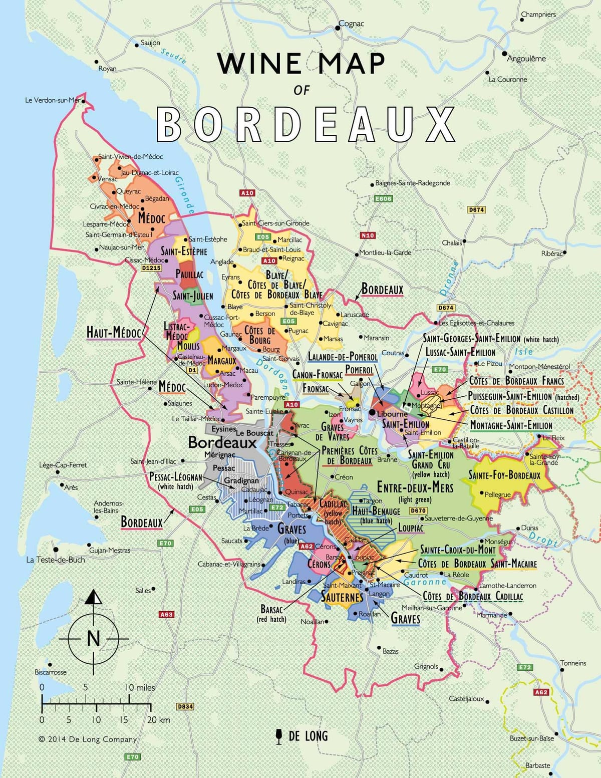 mapa da rota do vinho de Bordeaux 